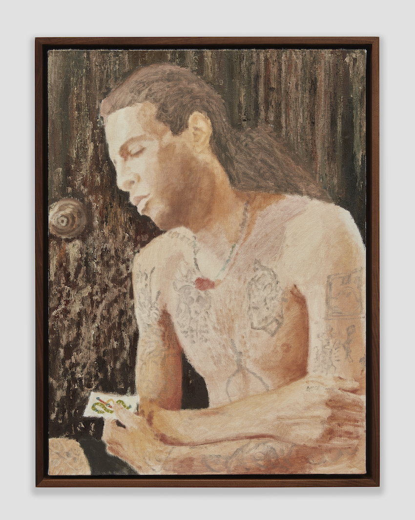 <i>My secrets have secrets (Armando Nin)</i>, 2024. Oil on linen, 28 x 21 1/4 x 1 1/2 in (71.1 x 53.8 x 3 cm).